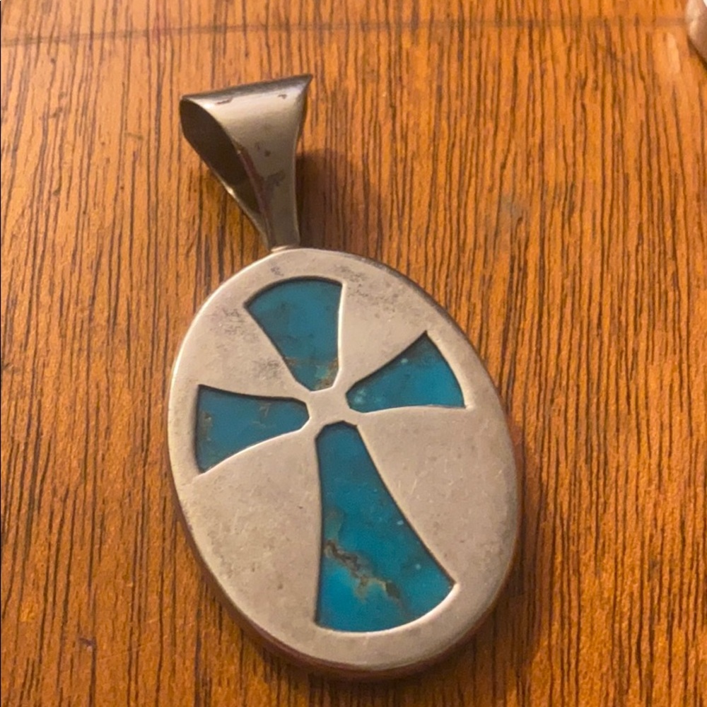 Sterling Silver Turquoise Stone Navajo Pendant View 2